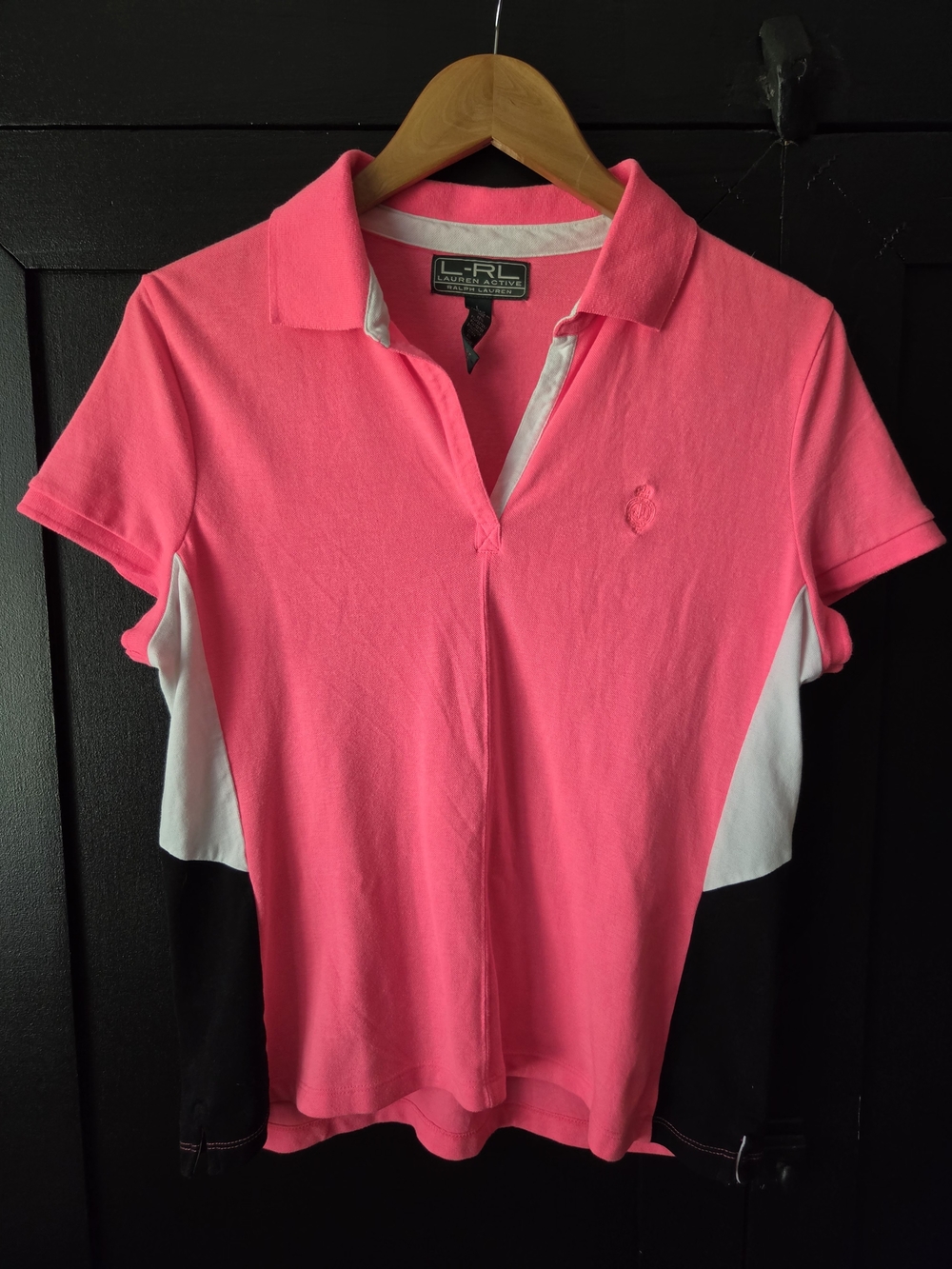 Women's Lauren Active Neon Pink V-neck Polo Shirt with Contrast Panels
